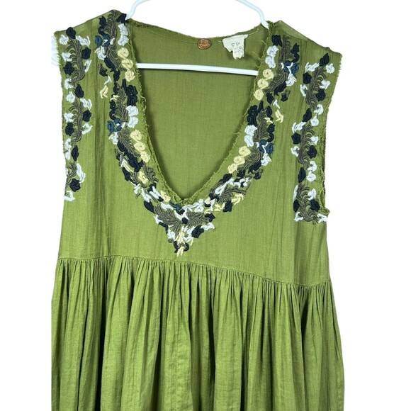 Free People Boho Gauze Green‎ Mini Dress Beach Coverup Embroidered Pleated Sz XS - Picture 2 of 10